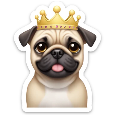 A cheerful little dog breed pug in pink dress with diademanny on head. sticker