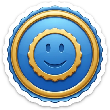 A blue badge resembling a medal or official seal with wavy edges and regular, rounded teeth all around. In the middle is a thick white tick that conveys a sense of approval and verification. sticker
