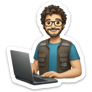 man with light skin, short messy hair, dark brown hair, with glasses, with a beard and short bogey. Happy computer technician with a laptop sticker