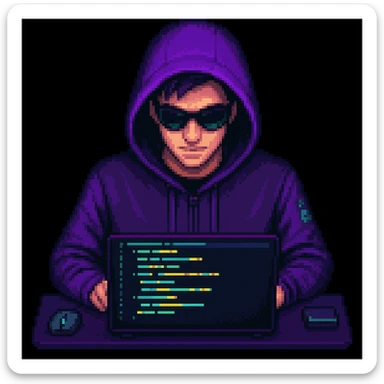 Make the pixel art hacker actively coding on a laptop, with glowing code on the screen, keep the pixel art style sticker