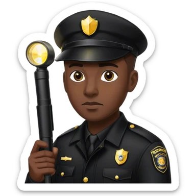 A vigilant male security guard wearing a black uniform, a cap with ‘SECURITY’ embroidered on it, and a black jacket. He holds a flashlight near his face, shining its beam forward, with a focused and alert expression. sticker