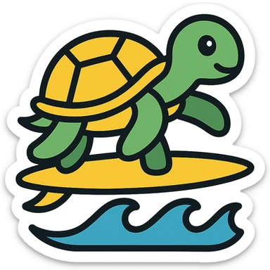 surfing turtle, color outline icon style, clean lines, playful, modern sticker