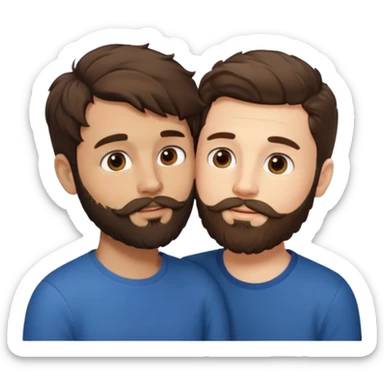 Two men kissing, one with a beard and a brunette with short hair and another with brown and wavy hair and a beard sticker