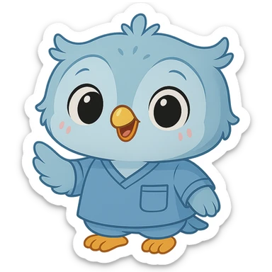 Make the baby owl wearing a bluish psychology scrub look more commercial and attractive to attract clients: add a big smile, bright and expressive eyes, friendly posture, and welcoming gesture, in an adorable and cute style. sticker