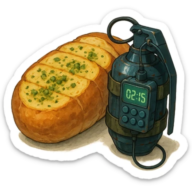 a thermonuclear hand held grenade IED, futuristic cyberpunk. The primed exlosive element is not c4 plastique, but it is garlic bread. small detonator attached to large loaf sticker