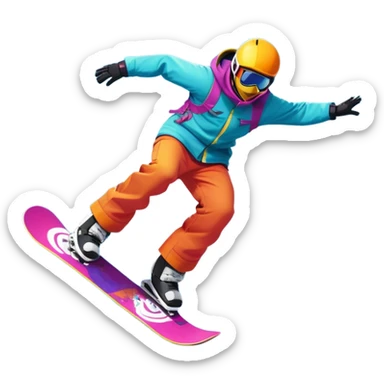 An icon showing a snowboarder performing an exciting jump on a snow-covered slope. The background features towering mountains, snow-covered trees, and a bright, clear sky. Transparent background highlights the speed, agility, and thrill of snowboarding. sticker