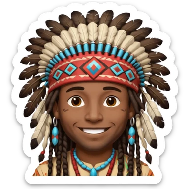 Black American man dark brown with dreads with a American Indian headdress with a laughing face sticker
