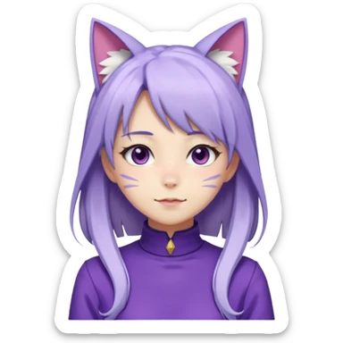 female anime character with long white and periwinkle hair and cat ears on her head. She is wearing a purple outfit with a high neckline and long sleeves.  sticker