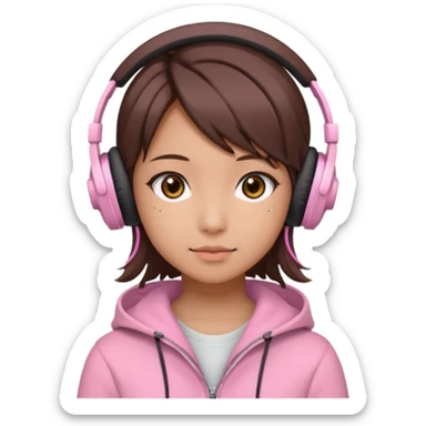 a japanese girl with brown layered cut hair. she has dark brown eyes, and has a cute super light pink gaming headphones sticker