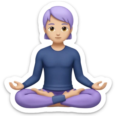 Modern premium 3D emoji icon: faceless gender-neutral meditator sitting cross-legged, smooth rounded shapes, matte + subtle gloss, top-left studio light, soft shadow, faint halo aura, navy outfit with lavender accent, centered, transparent background, no text sticker