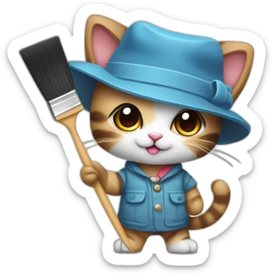 Kawaii cat artist in hat holding palette and brush so it can be used as a mouse cursor sticker