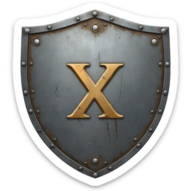 a battle worn steel shield with engraved roman numerals "XXX", the roman numerals should be prominent and in the center of the shield sticker
