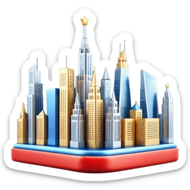 3D emoji of Moscow City business district skyline. A cluster of stylized skyscrapers with different shapes (gold, blue, silver). Decorated with tiny glowing Christmas lights. Soft 3D render, clay and glass textures, Apple aesthetic, isolated on a white background. sticker