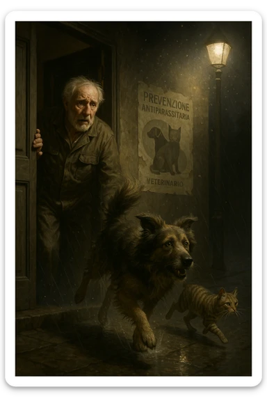 Un uomo anziano in tuta da lavoro, con espressione angosciata, tiene aperta la porta di casa mentre il suo cane (un meticcio a pelo lungo) e il gatto (soriano) scappano nella strada buia sotto la pioggia. Particelle di polvere/pulci fluttuano nell'aria illuminata dal lampione. Sullo sfondo, un poster strappato del veterinario con scritto 'Prevenzione antiparassitaria'. Stile fotorealistico, illuminazione Caravaggesca, toni grigi e ocra. in italiano sticker