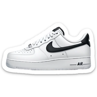 A pair of white Nike Air Force 1 sneakers side by side with Nike swoosh sticker