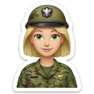 Apple-style emoji: female soldier, bust, no cap/helmet, friendly smile, generic camo top, blonde hair sticker