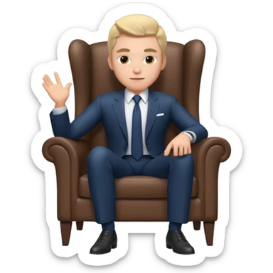 businessman sitting in an armchair, confident relaxed pose, formal suit and tie, professional corporate vibe, 3D cartoon style, mobile game icon style, clean background, no text, no watermark
 sticker