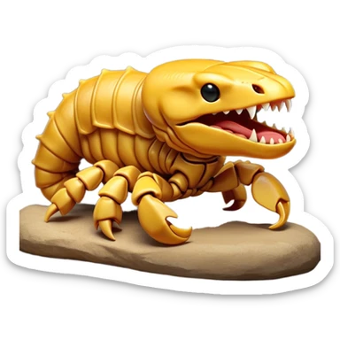 Cinematic Cute Yawning Emperor Scorpion Portrait Emoji, Head tilted slightly with a dramatic, wide-open yawn, showcasing a soft, textured exoskeleton with subtly drooping pincers and half-closed eyes in drowsy contentment, Simplified yet irresistibly adorable features, highly detailed, glowing with a soft, cozy glow, high shine, relaxed yet expressive, stylized with a dash of desert charm, soft glowing outline, capturing the essence of a sleepy yet affectionate scorpion that seems ready to stretch out for a nap! sticker