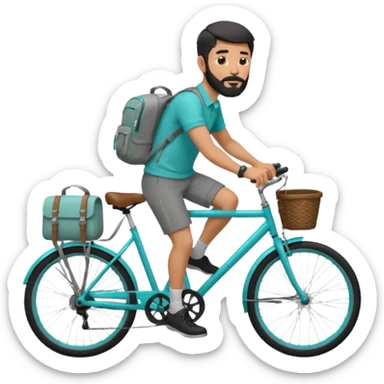 a man with a grey backpack and a torquoise byciycl and he has black shot=rt man hair and a beard with a polo grey shirt and dress pants and hes riding it sticker