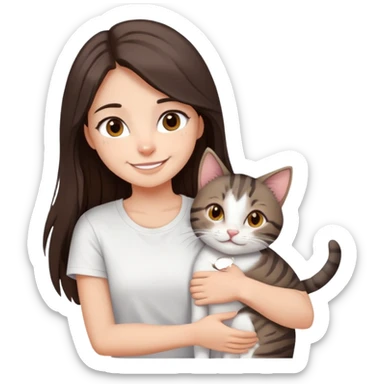 a girl with long dark brown hair, in a
white T-shirt and brown eyes, smile, hugs a tabby
dark grey and white strips one cat sticker