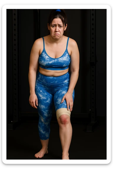 Realistic woman inspired by the reference photo, with a bandage and redness on the left knee, rigid and painful posture, wearing sporty clothing as in the photo. Realistic style. sticker