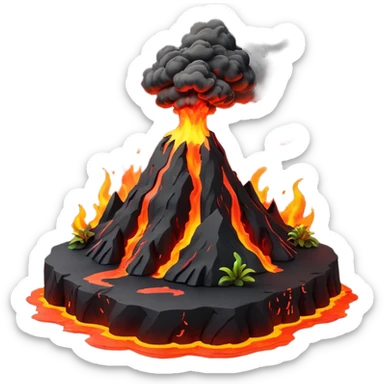 tiny volcanic island with lava glow and smoke, mini realm diorama sticker