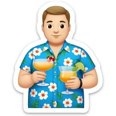 chubby guy full figure in a flowered azure havai shirt holding a cocktail sticker