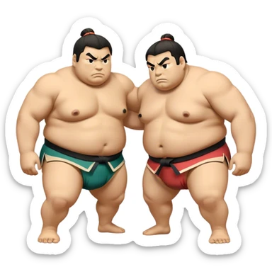 Cinematic Realistic Sumo Wrestling Emoji, depicted as an intense sumo match featuring powerful wrestlers in traditional mawashi, rendered with rich textures and dynamic dramatic lighting that captures the raw intensity of the sport. sticker