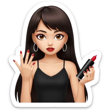 generate a pretty bratz girl in black cami top, dark brown straight long hair with bangs, eyeliner on, getting her nails done sticker