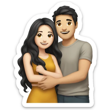 A cute and very happy Asian couple hugging each other very tight. The girl has long dark wavy hair and pale skin and dark hazel eyes, the Man has short dark straight hair and bright amber eyes and is pale sticker