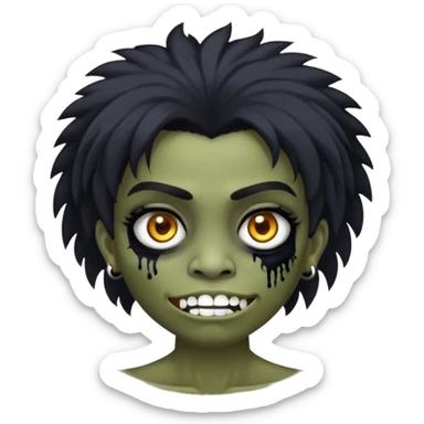 Faça eu zombie, eu tenho cabelos pretos com uma franja, olhos castanhos claros, meu maxilar é marcado, eu uso uma blusa preta que a manga é caida de um ombro sticker