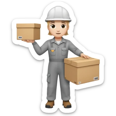 Tengo que dar una capacitacion de orgonomia, necesito un emoji de un operario con casco blanco y buzo gris de manga larga que levante una caja cerrada con las dos manos a la altura de los hombros y que tenga cara de esfuerzo fisico. Que no este saludando, las dos manos sosteniendo la caja sticker