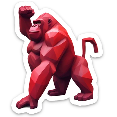 A red gorilla sculpture with a geometric, faceted design. The gorilla is standing upright with one arm raised, showcasing its angular and abstract features. The vibrant red color highlights the sharp edges and planes. sticker