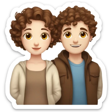 Cute chubby Girl with brown curly hair and blue eyes and pale skin with freckles hugging a tall handsome boy with brown hair brown eyes and white skin sticker