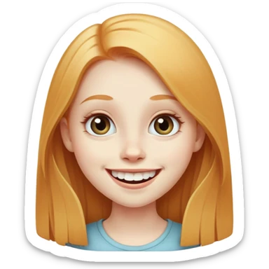 traditional simple emoji of young girl with very pale skin, long straight ginger blonde hair, big eyes, big smile with teeth showing, classic round face sticker
