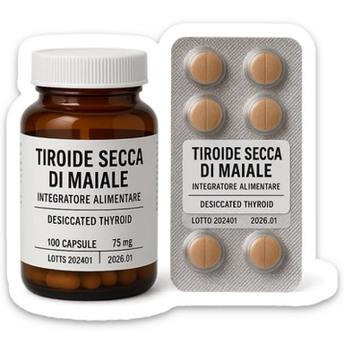 supplement jar and blister pack both labeled 'Tiroide Secca di Maiale', labels clearly visible, isolated on white, pharmaceutical style, hyperrealistic 4K sticker
