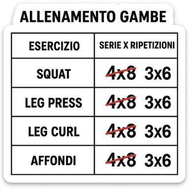 scheda di allenamento gambe con volume di allenamento ridotto (fai alcuni esercizi con 4x8 scritti in precedenza sbarrati in rosso e la correzione accanto tipo 3x6), scrivila al meglio che puoi sticker