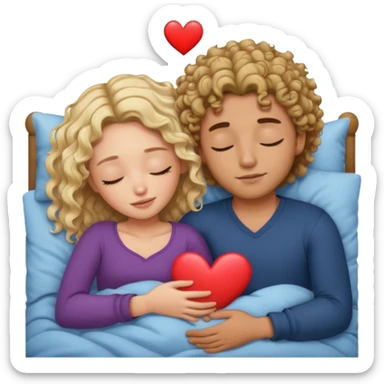cuddling in bed, asleep. wavy haired blonde girl. man with curly,  dark brown hair. eyes closed. heart between them. no headboard sticker