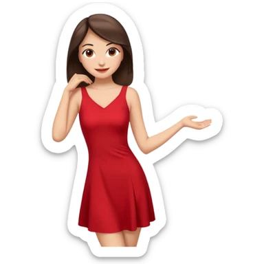 Cartoon emoji of a young brunette woman with fair-medium skin, brown eyes, wearing a red outfit. Full-height, standing confidently in a red dress  posing sexy with a smile and relaxed posture. Smooth, friendly, stylized, make up on, flirty eyes and smile in a sexy position touching hair sticker