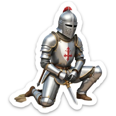 A lone medieval knight in plate, worn armor kneels. His helmet is closed, hiding his face, conveying silence, exhaustion and contemplation. A long sword is planted in the ground beside him, its hilt resting near his gloved hands as if he is praying or resting after battle. sticker