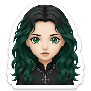 Crea una ragazza con stile black metal, capelli neri mossi lunghi e occhi verde scuro sticker