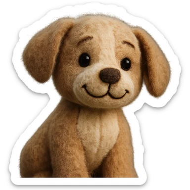 a puppy plush portrait, floppy ears, playful smile, fuzzy texture, light brown and cream sticker