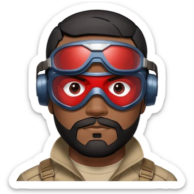 sam wilson with  short, neatly cropped black hair and a well-groomed beard that connects to his mustache,  wear sleek, red-tinted tactical goggles fit snugly from captain america: civil war sticker