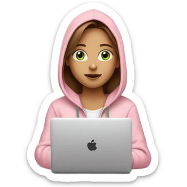 a girl with brown long hair, fair skin, green eyes, is working relaxed at a modern laptop in a monochrome pale pink zip hoodie with a hood and a pink monochrome T-shirt sticker