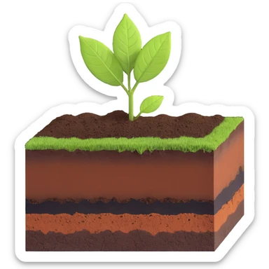 A fresh green leaf resting on the surface of a cross-section of the Earth, where soil and underground layers are visible beneath. Natural lighting, realistic textures. sticker