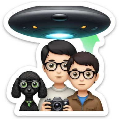 A little boy with straight black medium-length hair, white skin, and black eyes wearing black-framed glasses is taking photos on a UFO with a camera. Beside him, there is an alien and a brown round-headed poodle. sticker