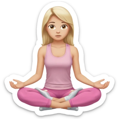 Create a young woman with long blonde hair, golden eyes, and medium-light skin tone, wearing a light pink tank top and leggings. She should be sitting cross-legged in a calm pose, but with a subtle doubting or skeptical facial expression—slightly raised eyebrow, small frown, or pursed lips.  sticker