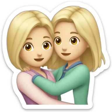 Two girls friends one with blonde short hair, second asian with long brown hair hugging each other sticker
