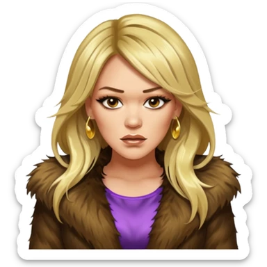 Cinematic Realistic Ultra HD - very Angry, Glamor Plunge Hilary Duff Extreme Long Long Hairstyle in Shaggy Fur Coat with Gold Flash sticker