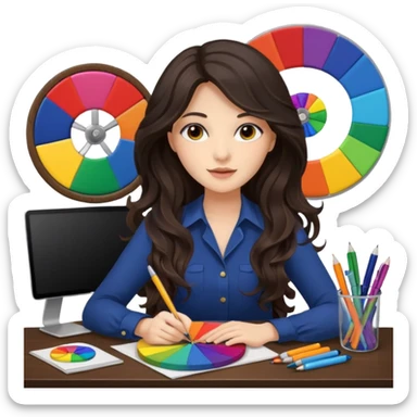 female dark wavy long hair graphic designer , holding color wheel , pens, papers, desktop sticker